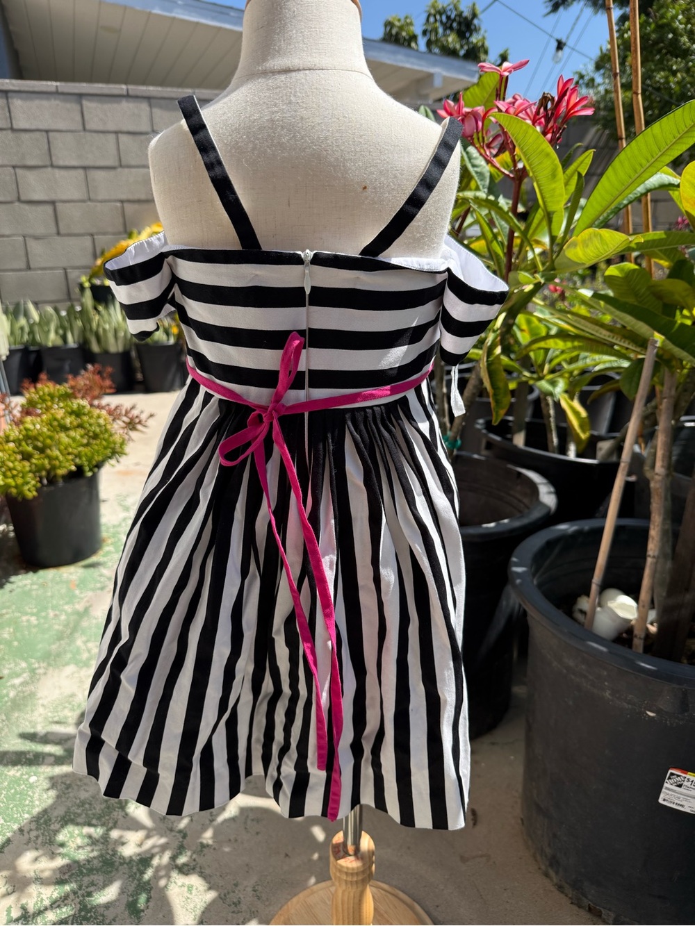 Helena Black & White Striped Off-Shoulder Dress with Pink Waistband - Picture 2 of 6